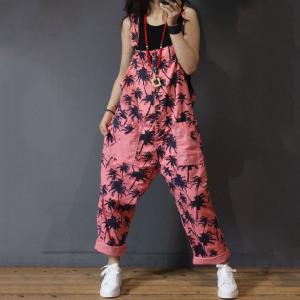 Trees Pattern Straight Pockets Cotton Overalls Womans Pink Jumpsuits