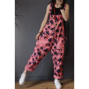 Trees Pattern Straight Pockets Cotton Overalls Womans Pink Jumpsuits