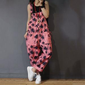 Trees Pattern Straight Pockets Cotton Overalls Womans Pink Jumpsuits