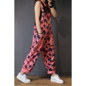 Trees Pattern Straight Pockets Cotton Overalls Womans Pink Jumpsuits