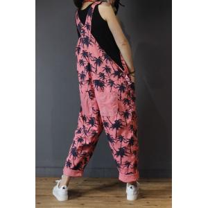 Trees Pattern Straight Pockets Cotton Overalls Womans Pink Jumpsuits