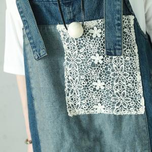 Blue Contrast Denim Jumper Dress Lace Patchwork Jean Dress