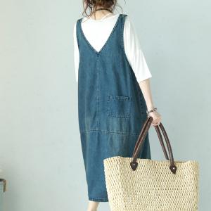 Blue Contrast Denim Jumper Dress Lace Patchwork Jean Dress