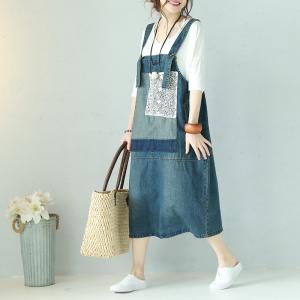 Blue Contrast Denim Jumper Dress Lace Patchwork Jean Dress