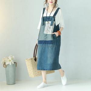 Blue Contrast Denim Jumper Dress Lace Patchwork Jean Dress