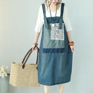 Blue Contrast Denim Jumper Dress Lace Patchwork Jean Dress