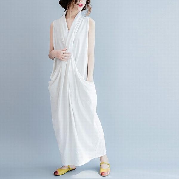 Comfy Sleeve Front Cross Cotton Maxi Dress Designer Sleeveless Dress