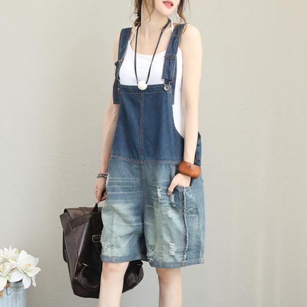 Gradient Blue Denim Plus Size Rompers Casual Ripped Overalls