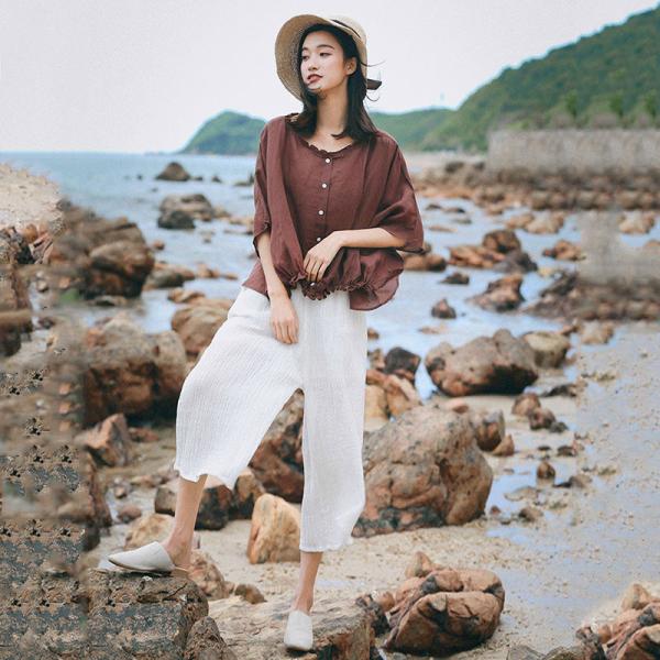 Korean Fashion Plus Size Linen Shirt Bat Sleeve Ruffles Casual  T-shirt