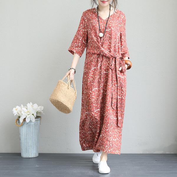 Beautiful Printing Vintage Wrap Dress Ramie Elegant Maxi Dress