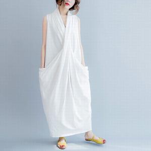 Comfy Sleeve Front Cross Cotton Maxi Dress Designer Sleeveless Dress