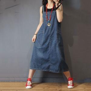 Big Pockets Loose Denim Dress Womans Jean A-Line Dress