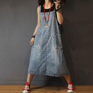 Big Pockets Loose Denim Dress Womans Jean A-Line Dress