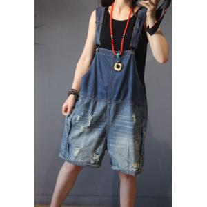 Blue Contrast Distressed Loose Casual Rompers Summer Large Overalls