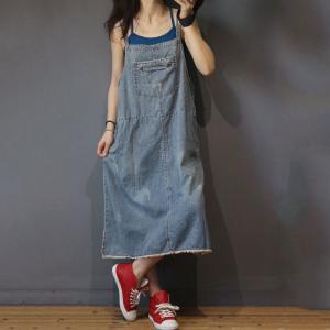 Girlish Frayed Denim Dress Light Blue A-Line Slip Dress