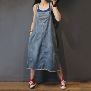 Girlish Frayed Denim Dress Light Blue A-Line Slip Dress