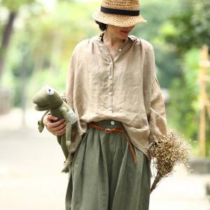 Korean Style Puff Sleeve Linen Oversized Shirt Long Sleeve Autumn Blouse