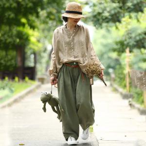 Korean Style Puff Sleeve Linen Oversized Shirt Long Sleeve Autumn Blouse