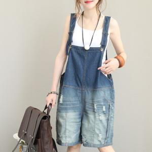 Gradient Blue Denim Plus Size Rompers Casual Ripped Overalls