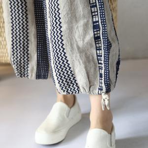 Boho Chic Vertical Striped Wrap Pants Cotton Linen Summer Trousers