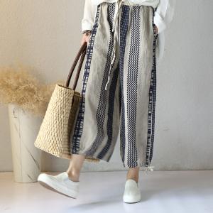 Boho Chic Vertical Striped Wrap Pants Cotton Linen Summer Trousers