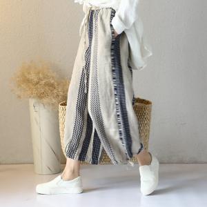 Boho Chic Vertical Striped Wrap Pants Cotton Linen Summer Trousers