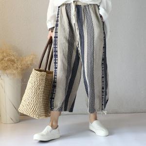 Boho Chic Vertical Striped Wrap Pants Cotton Linen Summer Trousers