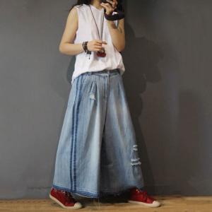 Hollow Out Wide Leg Frayed Jeans Fashion Denim Pants