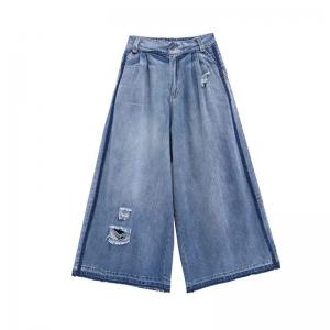 Hollow Out Wide Leg Frayed Jeans Fashion Denim Pants