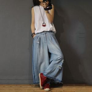 Hollow Out Wide Leg Frayed Jeans Fashion Denim Pants