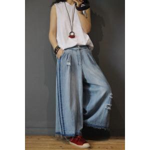 Hollow Out Wide Leg Frayed Jeans Fashion Denim Pants