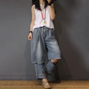 Korean Style Raw Hem Ripped Jeans Fashion Baggy Jeans