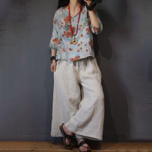 Chinese Vintage Cotton Linen Clothing Elegant Printing Blouse