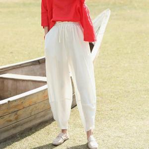 Summer Fashion White Bloomers Loose Drawstring Linen Pants