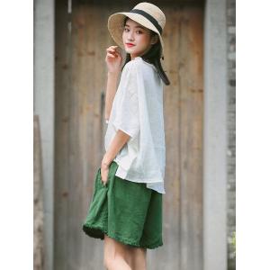 Korean Fashion Plus Size Linen Shirt Bat Sleeve Ruffles Casual  T-shirt