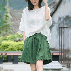 Korean Fashion Plus Size Linen Shirt Bat Sleeve Ruffles Casual  T-shirt