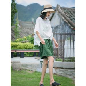 Korean Fashion Plus Size Linen Shirt Bat Sleeve Ruffles Casual  T-shirt