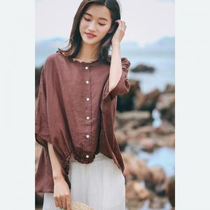 Korean Fashion Plus Size Linen Shirt Bat Sleeve Ruffles Casual  T-shirt
