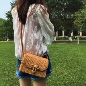 Boho Style Bowknot Rattan Baguette Square Bag