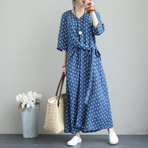 Beautiful Printing Vintage Wrap Dress Ramie Elegant Maxi Dress