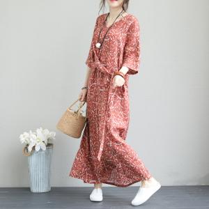 Beautiful Printing Vintage Wrap Dress Ramie Elegant Maxi Dress