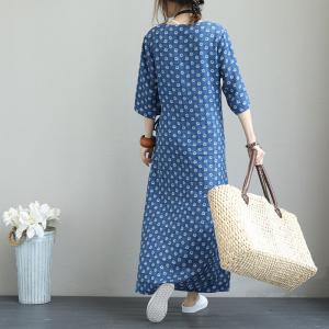 Beautiful Printing Vintage Wrap Dress Ramie Elegant Maxi Dress