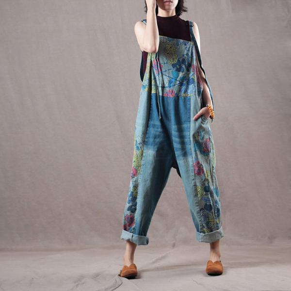 Loose-Fitting Colorful Floral Jumpsuits Casual Jeans Dungarees