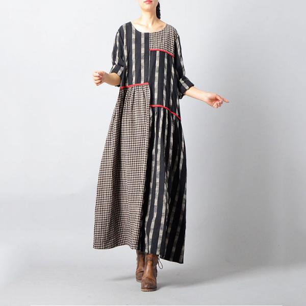 Korean Style Loose Gingham Dress Black Cotton Linen Dress in Black One ...