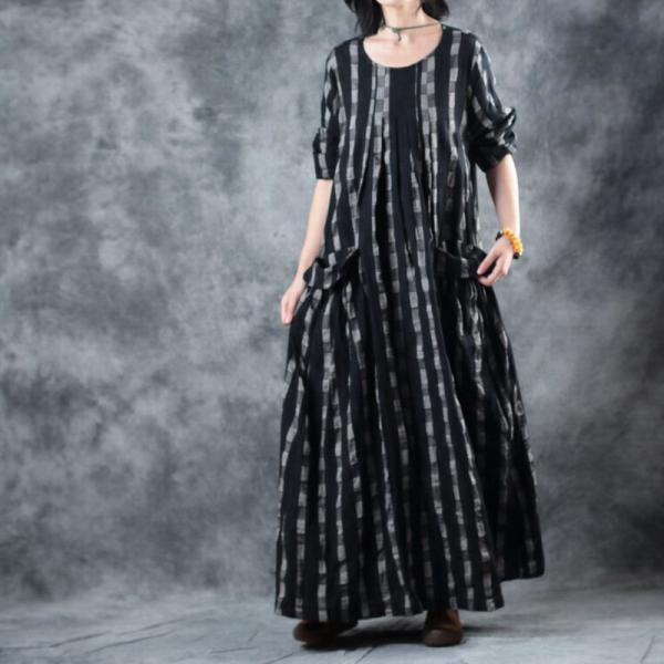 Checks and Plaids Black Dress Linen Plus Size Maxi Dress