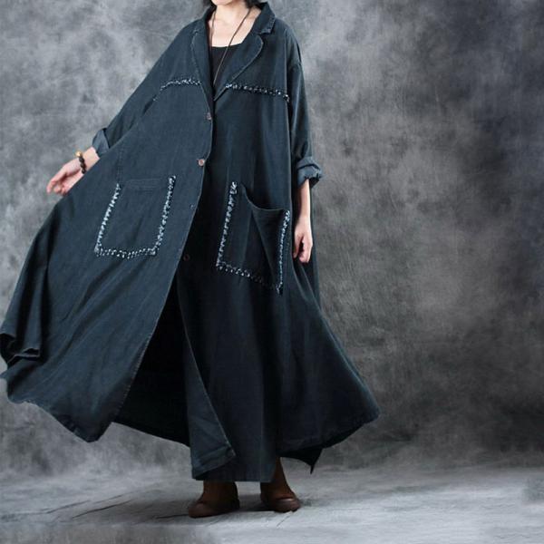 Big Pockets Black Trench Coat Autumn Large Tassel Black Cardigan