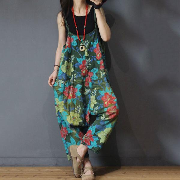 Flowers Printed Harem Jumpsuits Cotton Linen Baggy Womans Dungarees