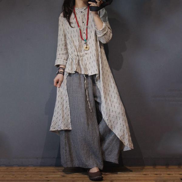 Asymmetrical Linen Shirt Dress Striped Wrap Dress for Woman