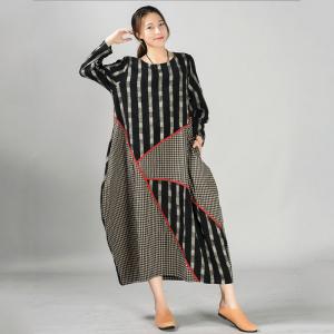 Loose-Fitting Gingham Folk Dress Long Sleeve Vintage Folk Abaya