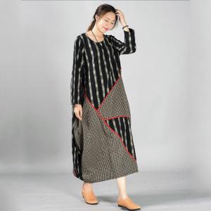 Loose-Fitting Gingham Folk Dress Long Sleeve Vintage Folk Abaya